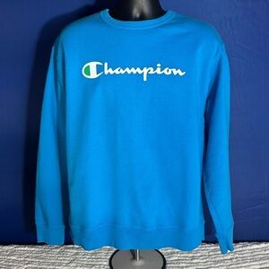 Champion Mens Powerblend Graphic Fleece Long Sleeve Pullover Sweater Large Blue